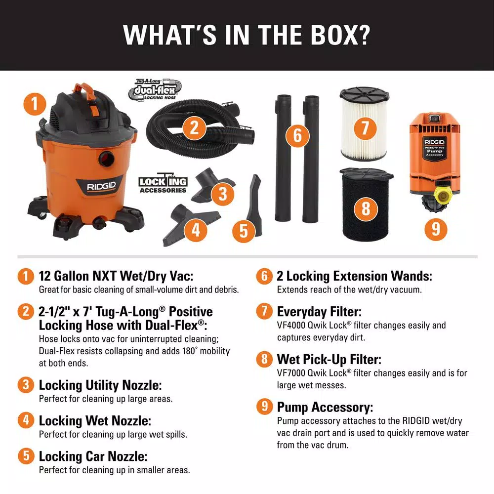 RIDGID 12 Gal. 5.0 Peak HP NXT Wet/Dry Shop Vacuum with Locking Accessories and Pump Accessory