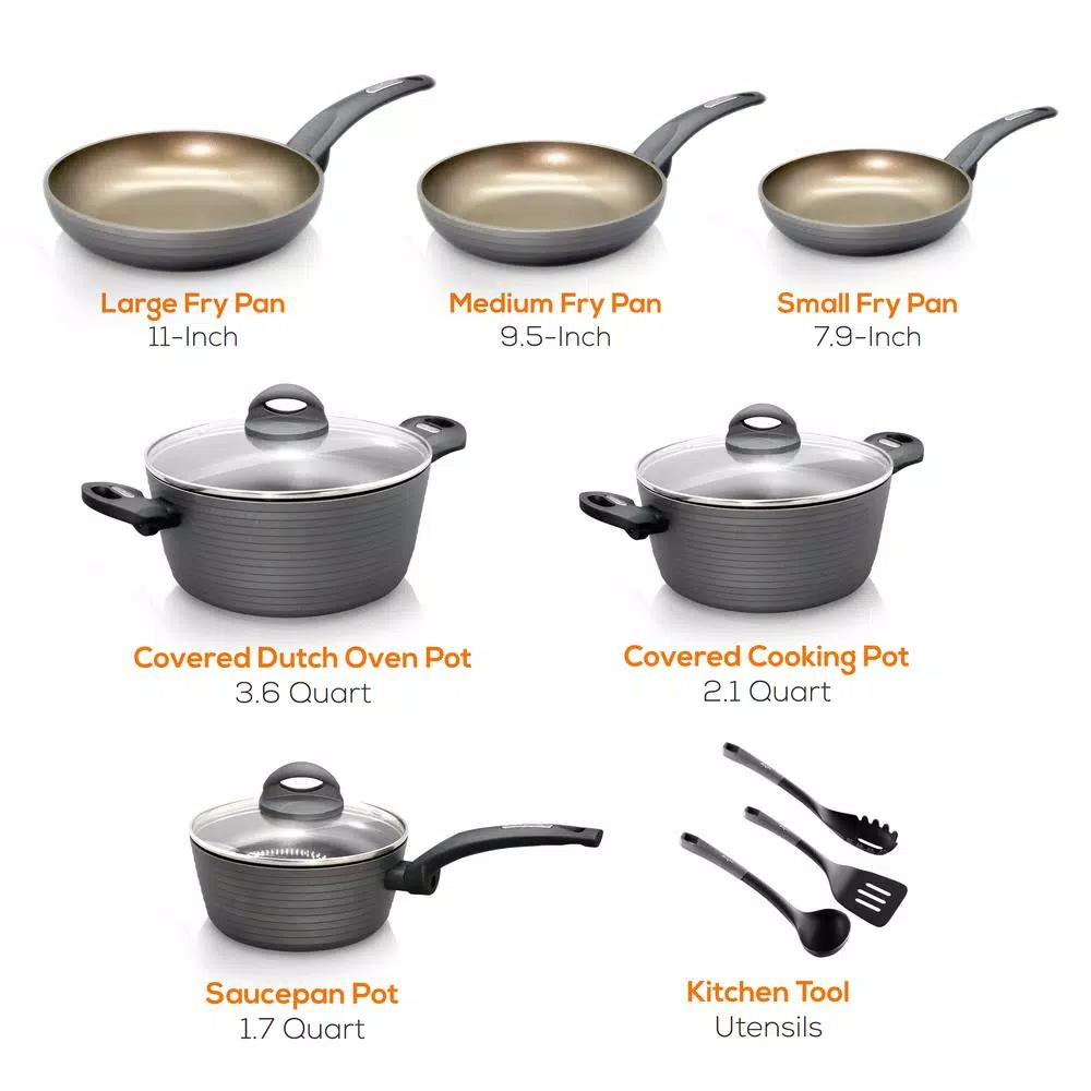 NutriChef Ridge-Line 12-Piece Aluminum Nonstick Cookware Set, Chrome