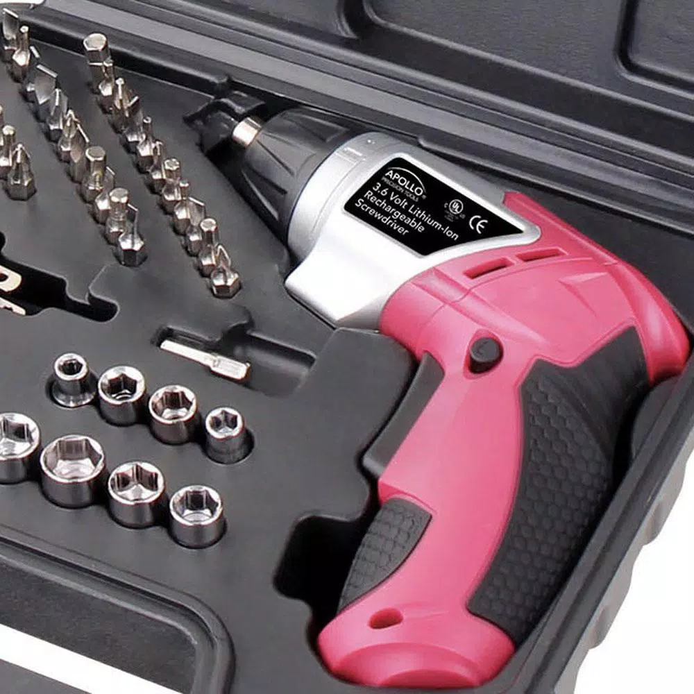 Apollo Tools 3.6V Lithium-Ion Cordless Electric Screwdriver with 45-Piece Accessory Set, Pink