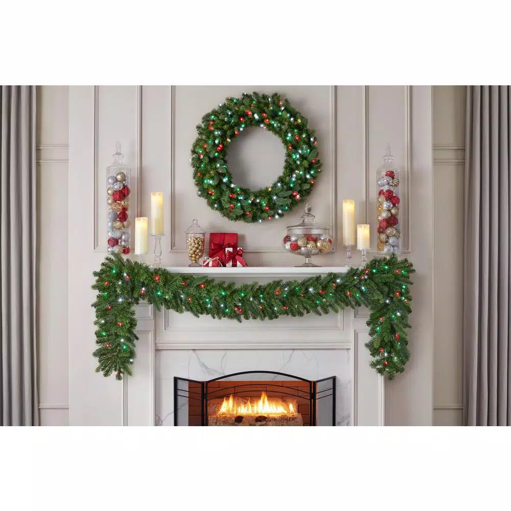 Home Accents Holiday 36 in. Artificial Royal Grand Spruce Pre-lit LED Christmas Wreath - Red, Green, and Cool White Lights