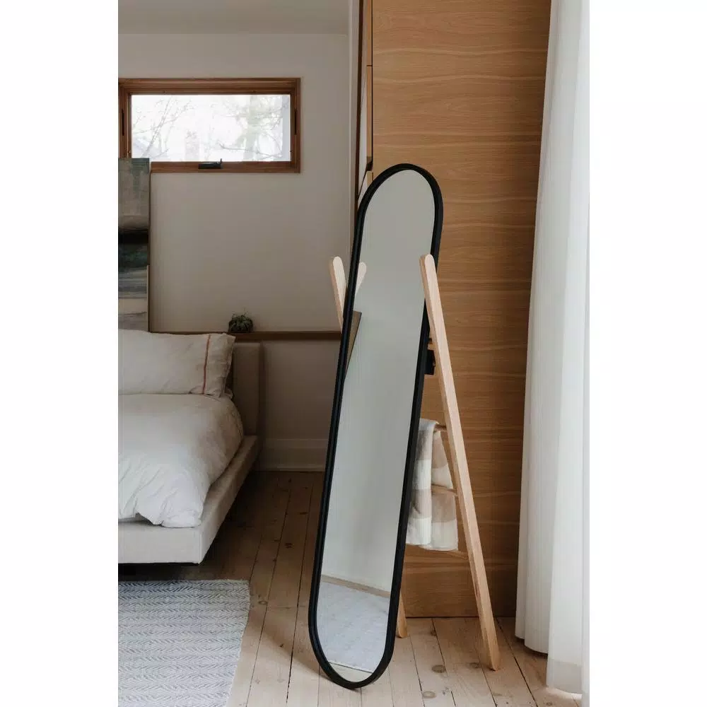 Umbra Modern Black Leaning Floor Mirror with Solid Wood Easel Storage Rack