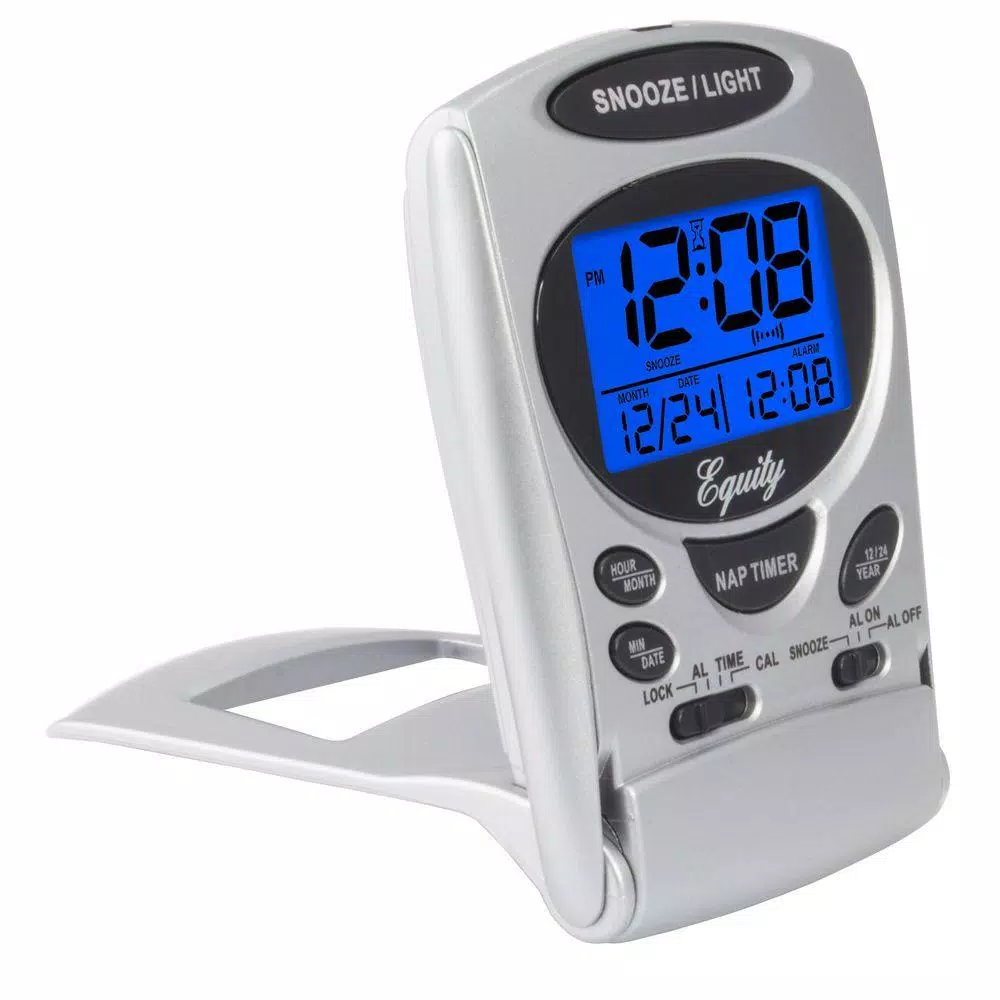Equity by La Crosse Fold-Up Digital 2.70 in. LCD Travel Alarm Clock with Nap Timer and Backlight, Silver