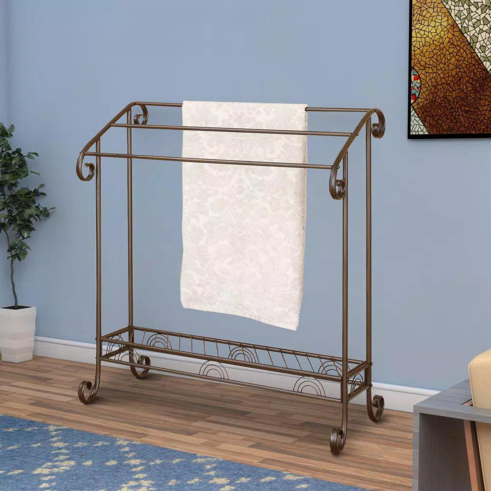 Benjara Modern Freestanding Metal Towel Rack with 3 Chrome Bars - Dark Bronze