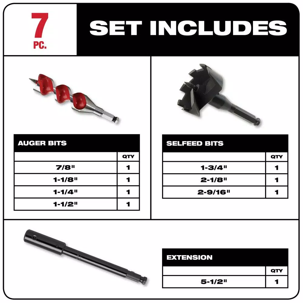 Milwaukee Selfeed High-Speed Steel Wood Boring Bit Set, 7-Piece