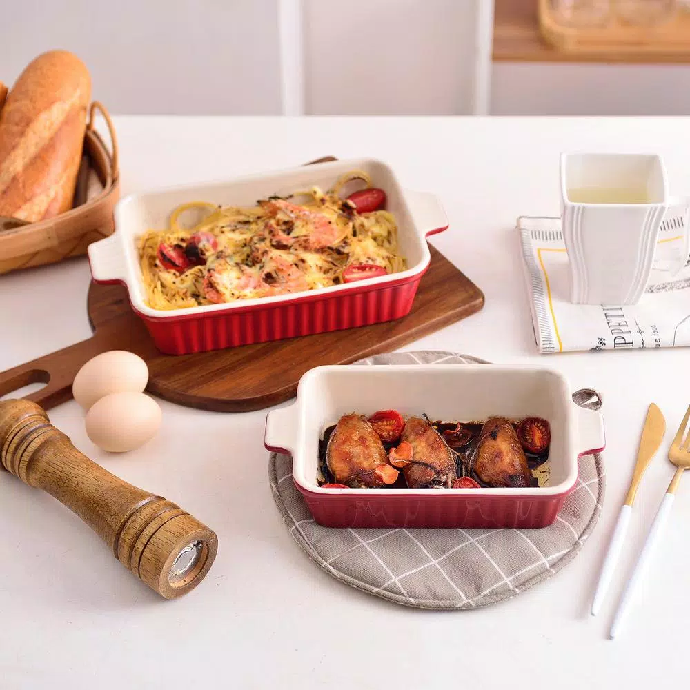 MALACASA 2-Piece Red Porcelain Rectangle Bakeware Set, 12 in. and 13 in. Ceramic Baking Dishes