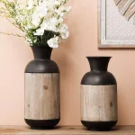 Winsome House 2-Piece Handcrafted Iron and Wood Vase Set, Rustic Dark Brown and Natural Wood Table Vases thumbnail 6