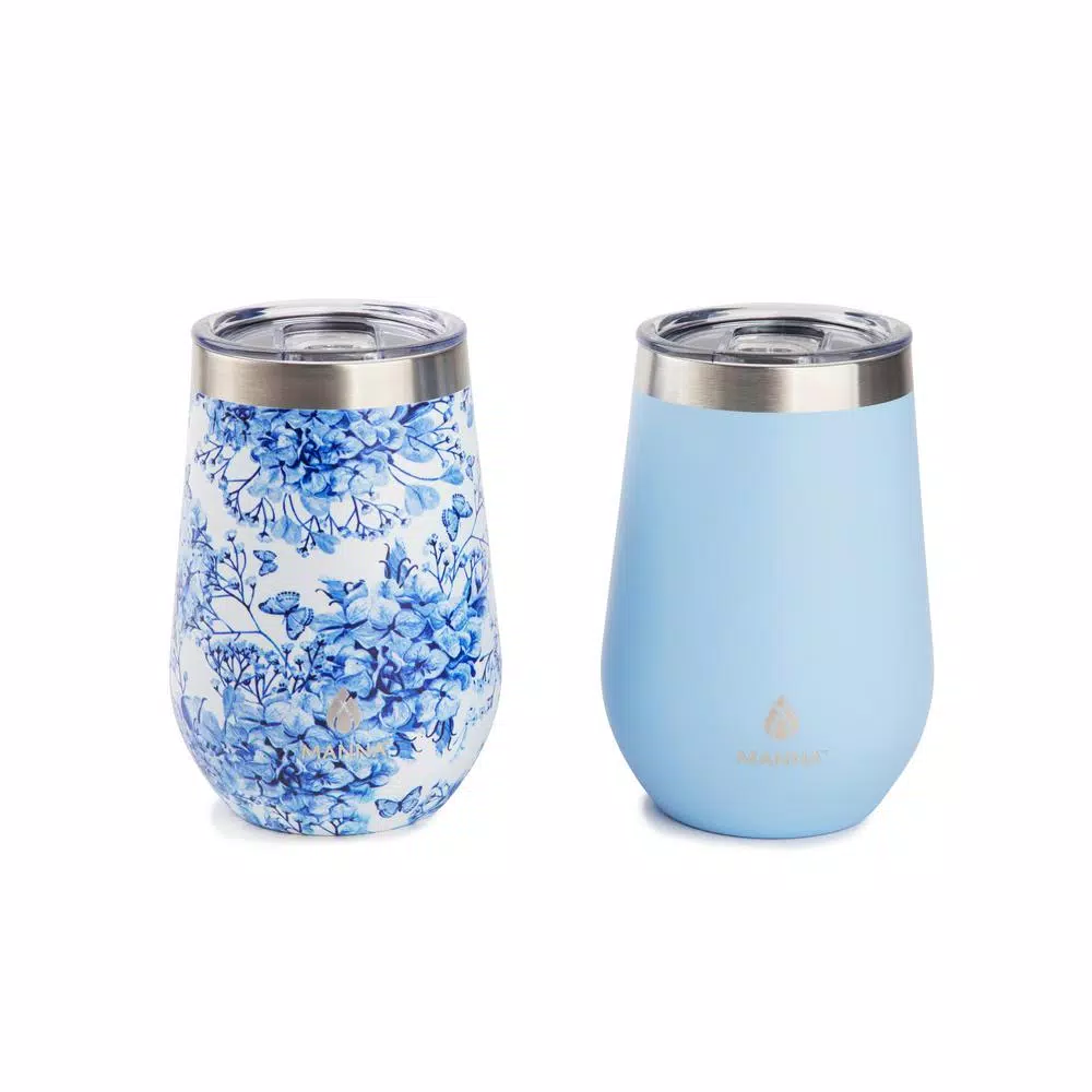 Manna Blue Hydrangena 12 oz. Stainless Steel Stemless Wine Tumblers, 2-Pack