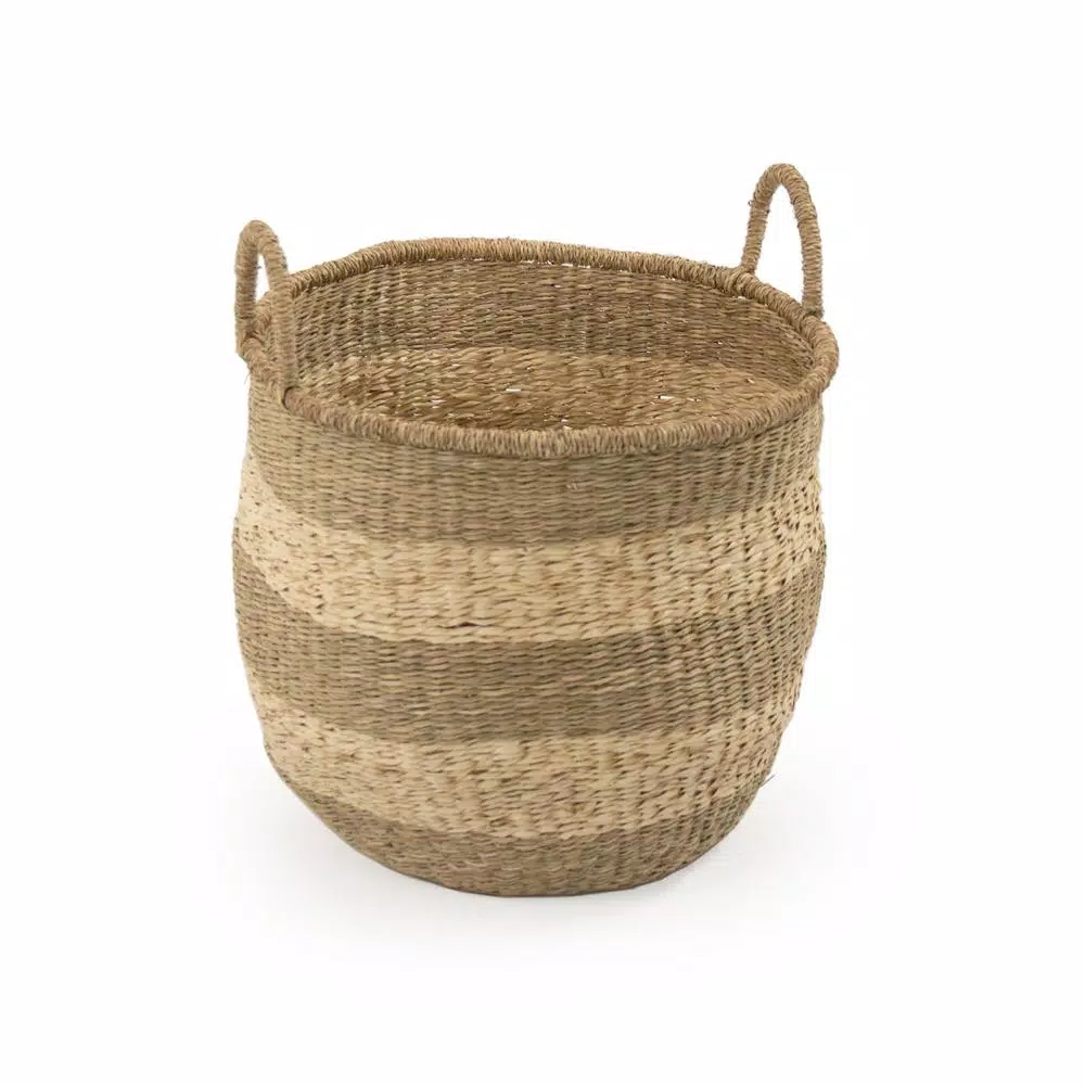 Zentique Hand Woven Seagrass and Palm Leaf Striped Medium Basket with Handles