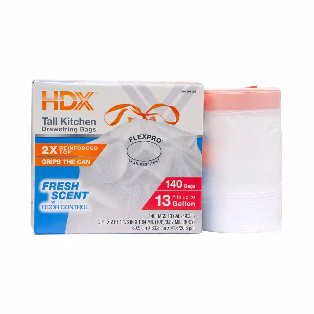 HDX FlexPro 13 Gallon Kitchen Trash Bags with Drawstring, Fresh Scent, 140 Count