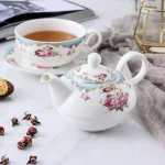 MALACASA Elegant Porcelain Tea Set for One - 3 Piece Teapot, Teacup and Saucer Set, White with Pattern thumbnail 2