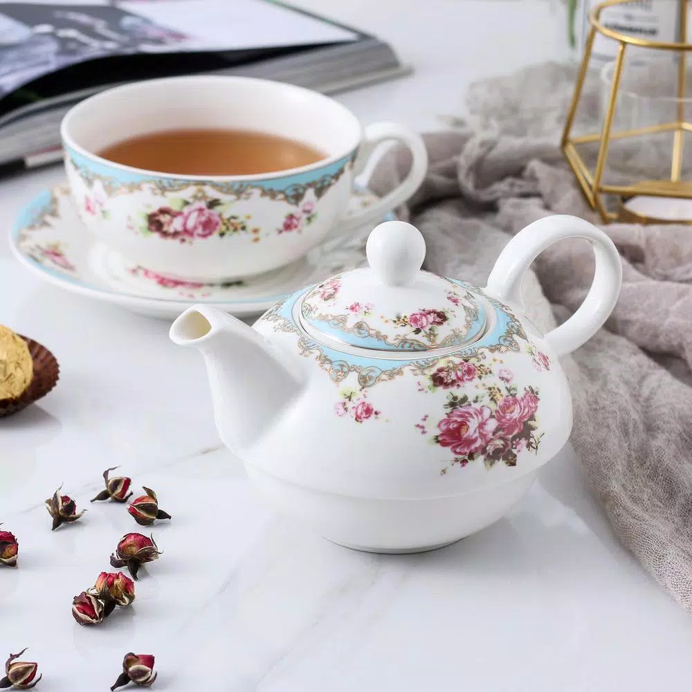 MALACASA Elegant Porcelain Tea Set for One - 3 Piece Teapot, Teacup and Saucer Set, White with Pattern
