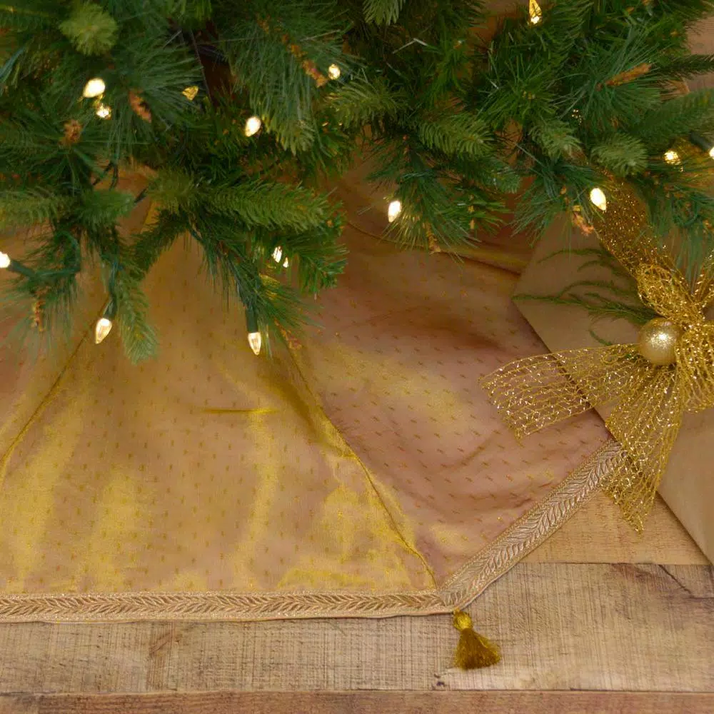 VHC Brands 48 in. Gold Tinsel Christmas Tree Skirt with Antique White Cotton and Flannel Lining