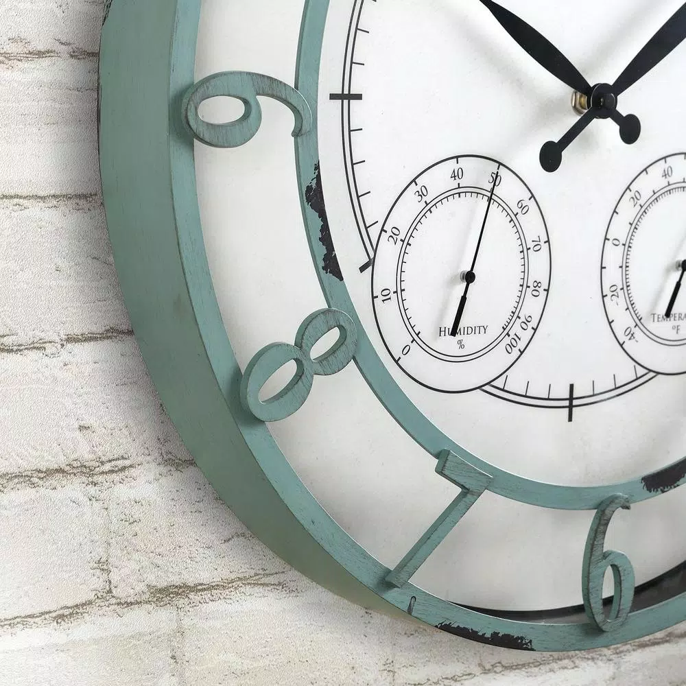 FirsTime 18 in. Laguna Round Outdoor Wall Clock with Thermometer and Hygrometer - Aged Teal