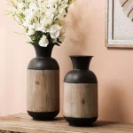 Winsome House 2-Piece Handcrafted Iron and Wood Vase Set, Rustic Dark Brown and Natural Wood Table Vases thumbnail 7