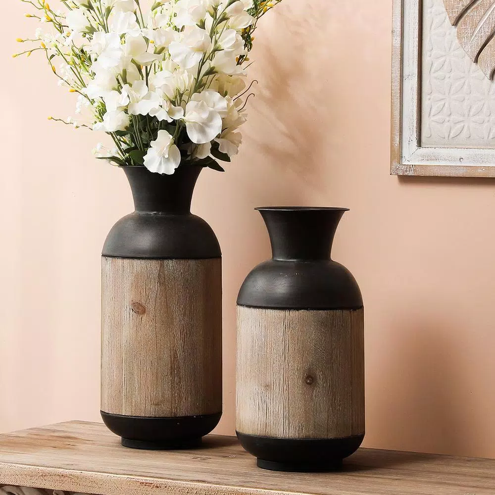 Winsome House 2-Piece Handcrafted Iron and Wood Vase Set, Rustic Dark Brown and Natural Wood Table Vases