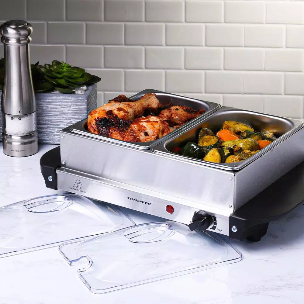 Ovente 2.1 qt. Electric Buffet Server, Stainless Steel Chafing Dish with 2 x 1L Warming Pans and Lids