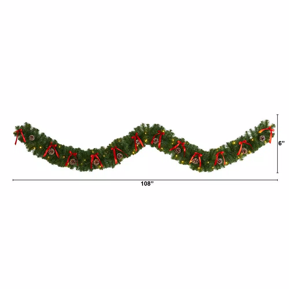 Nearly Natural 9 ft. Pre-lit Artificial Christmas Garland with Bows, Pinecones & 35 LED Lights