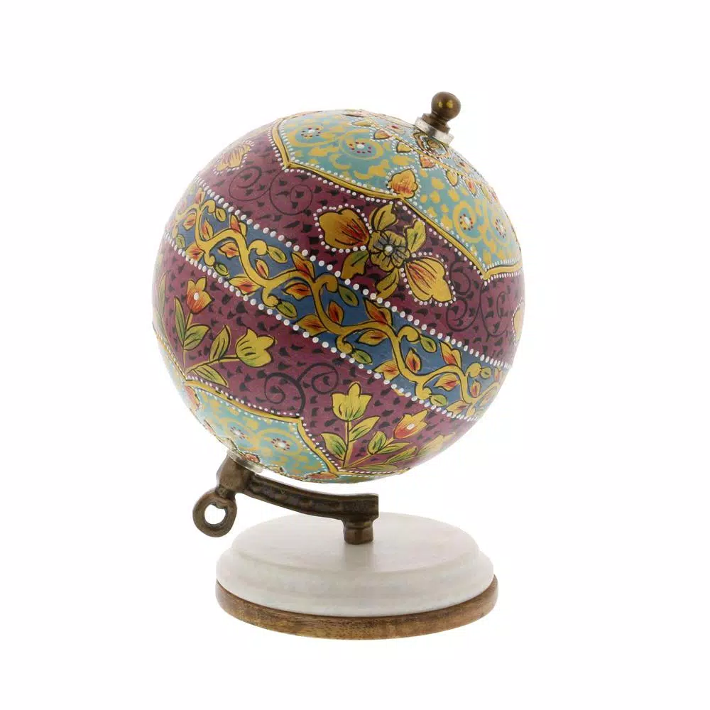 LITTON LANE Modern Reflections 7 in. Decorative Lattice Globe with Mango Wood and Marble Base