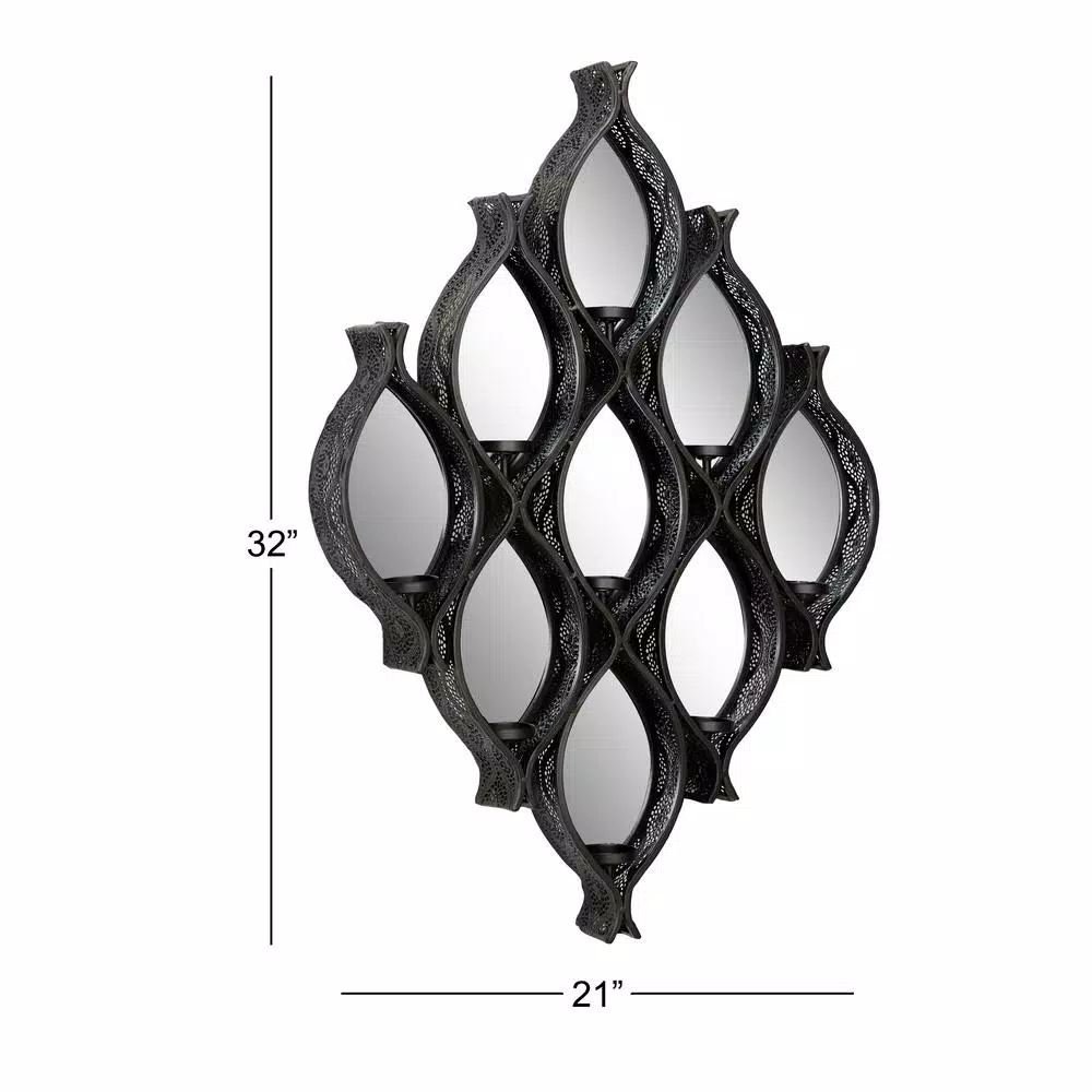 LITTON LANE Eclectic Large Black Diamond Mesh Metal Wall Sconce with Mirror Inlays