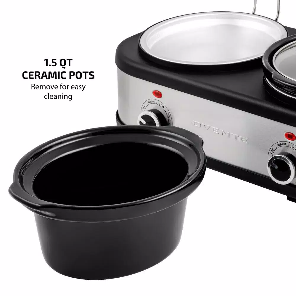 OVENTE 3-Station Slow Cooker and Buffet Server, 4.5 Qt. Silver Stainless Steel