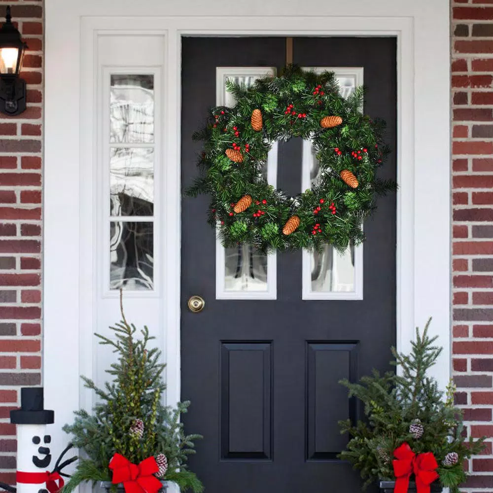 Costway 24 in. Pre-Lit Artificial Christmas Wreath with 50 Warm White LED Lights and Timer