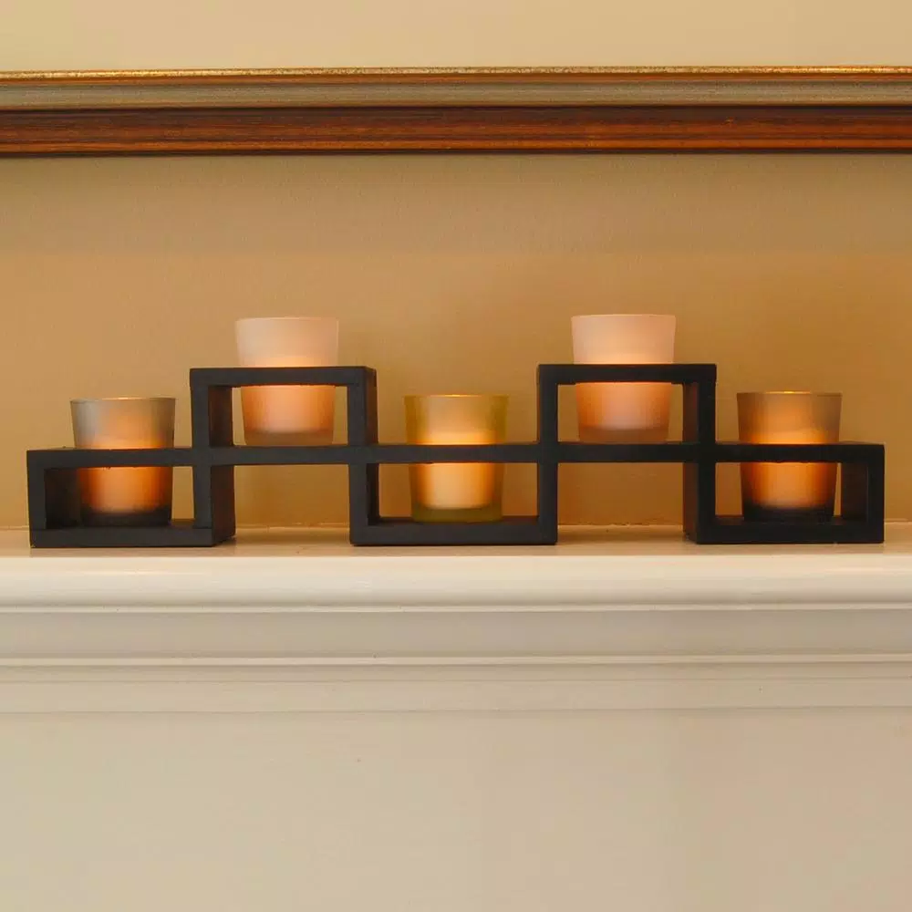 LUMABASE Wooden Candle Centerpiece Tray with 5 Frosted Earth Tone Glass Votive Holders, Black