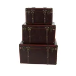 LITTON LANE Globetrotter Wood and Matte Brown Leather Decorative Trunk Set of 3 thumbnail 1
