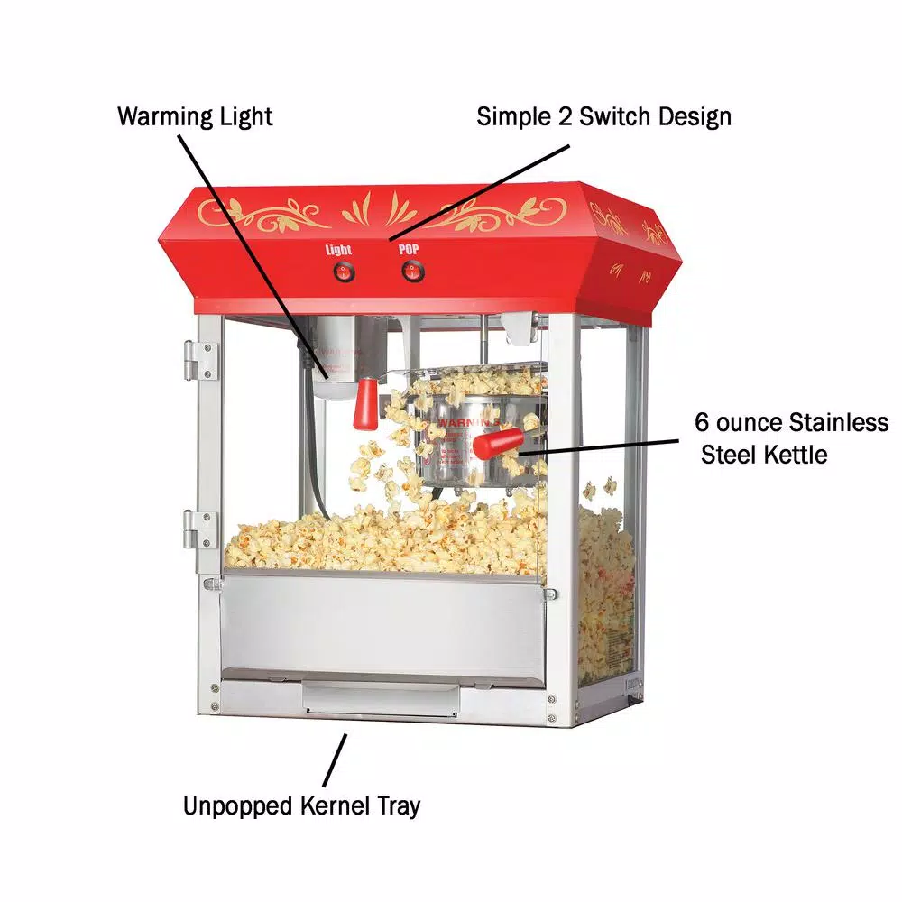 Great Northern Popcorn 6 oz. Red Countertop Popcorn Popper Machine with Warming Deck