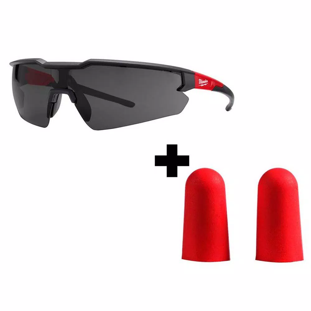 Milwaukee Safety Glasses with Tinted Lenses and 10 Pairs of Red Disposable Earplugs