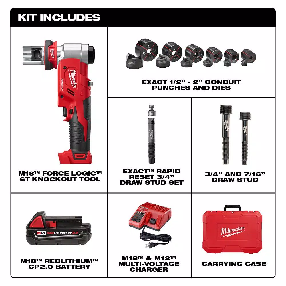 Milwaukee M18 FORCE LOGIC 6 Ton Cordless Knockout Tool Kit with 2.0 Ah Battery and Die Set