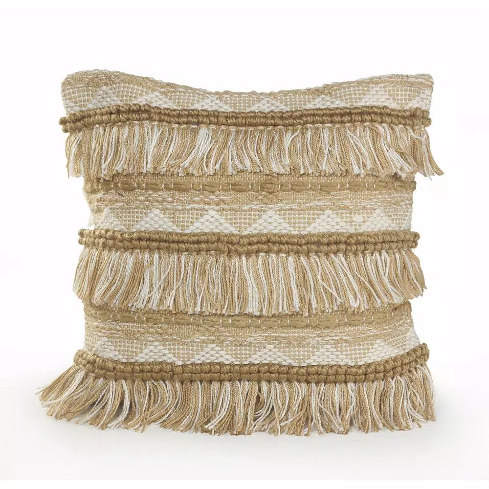 LR Home Beige and White Neutral Fringed Throw Pillow, 20 x 20 in., Geometric Embroidery