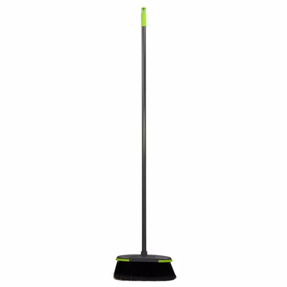 Home Basics Brilliant Collection 2.62 in. Plastic Upright Broom with Sloped Dustpan, Gray/Lime