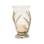LITTON LANE 10 in. Aluminum Antler and Frosted Glass Hurricane Candle Holder, Silver thumbnail 2