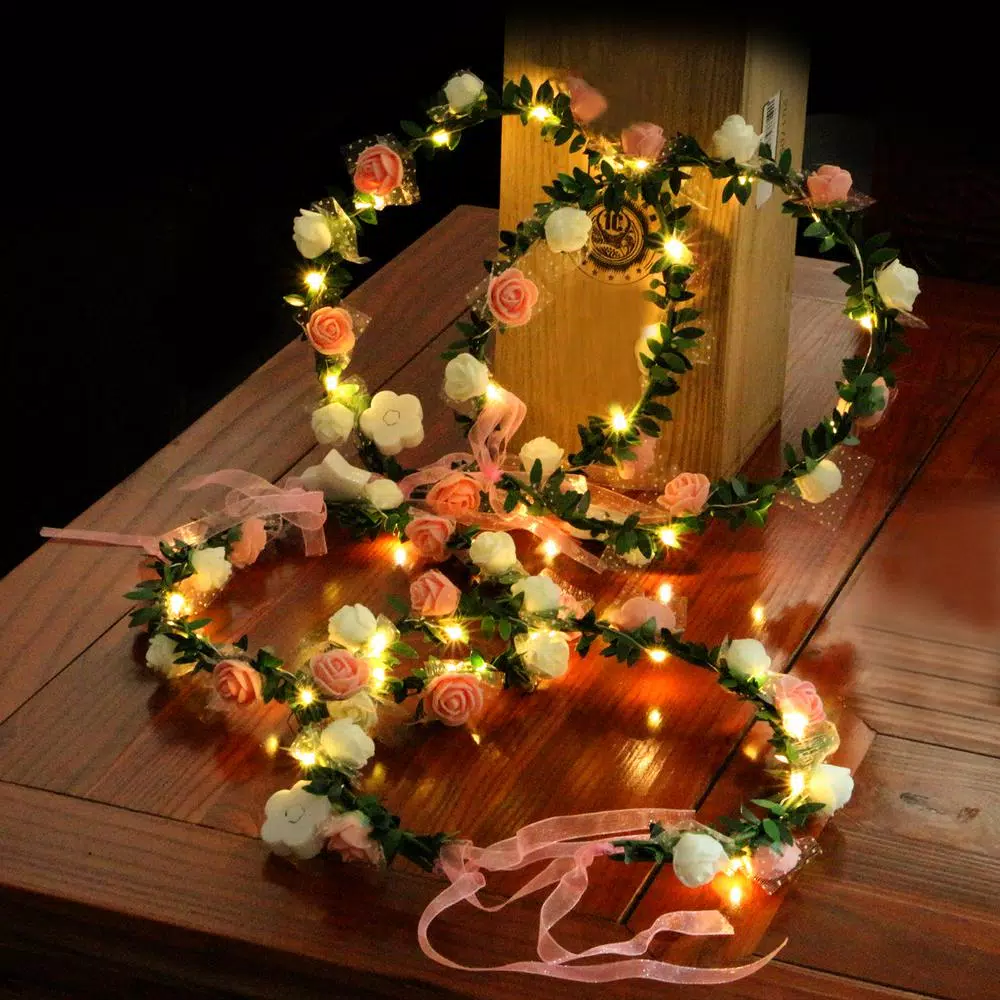 Novelty Place 4-Pack LED Floral Flower Headbands - Pink Light Up Flower Crowns for Adults and Kids