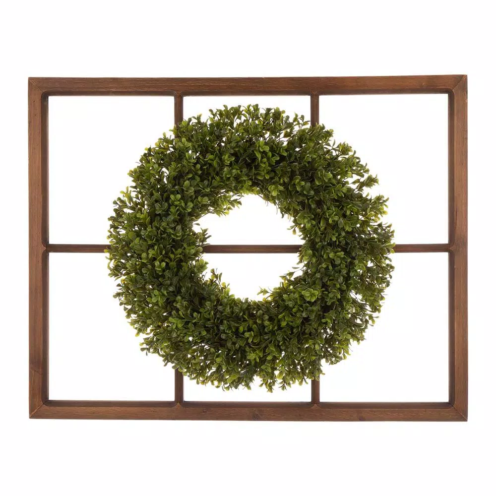 Glitzhome 18 in. Boxwood Wreath with 28 in. Wooden Window Frame Decor