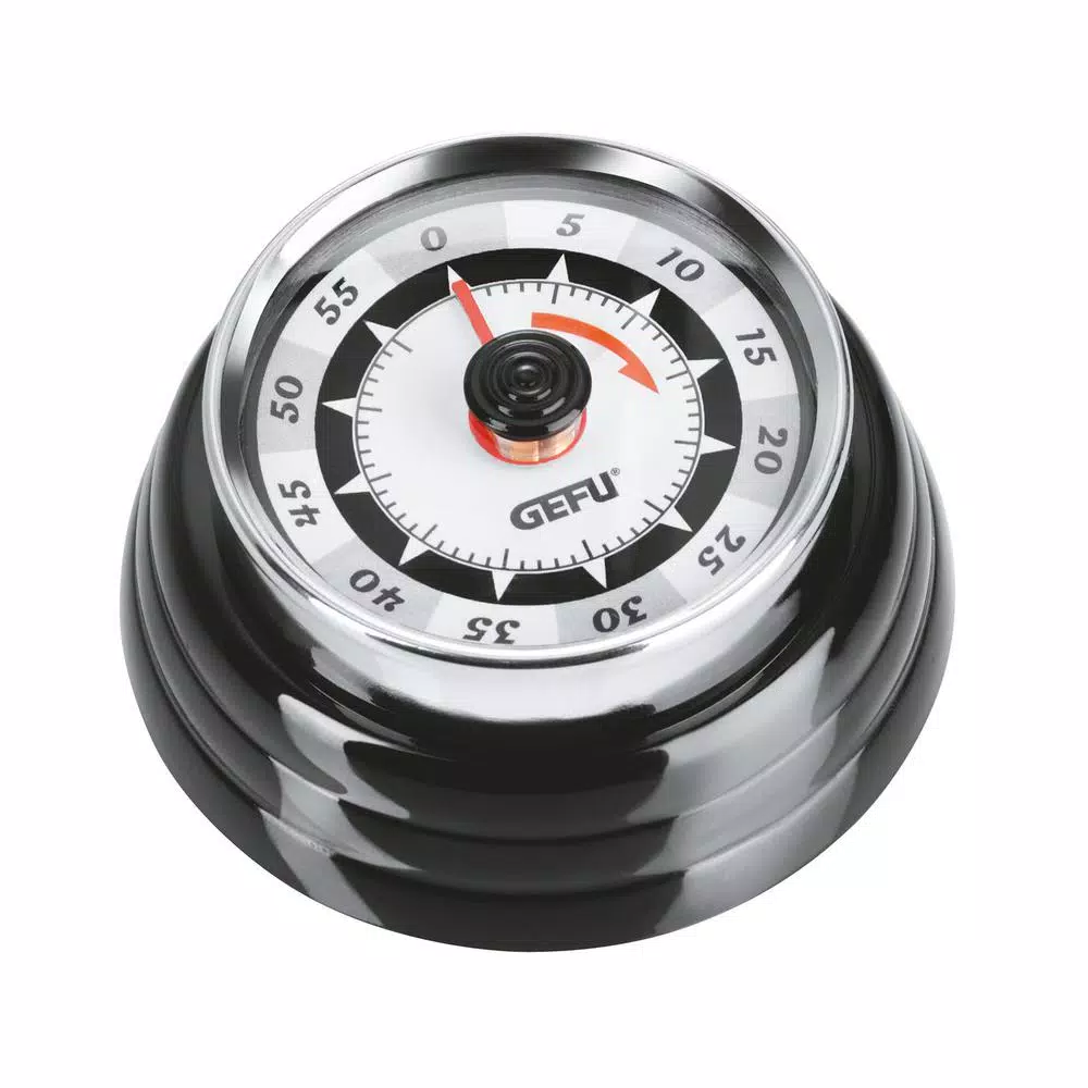 GEFU Retro Mechanical Kitchen Timer - 60 Minute Analog Timer with Magnetic Back, Black and Chrome