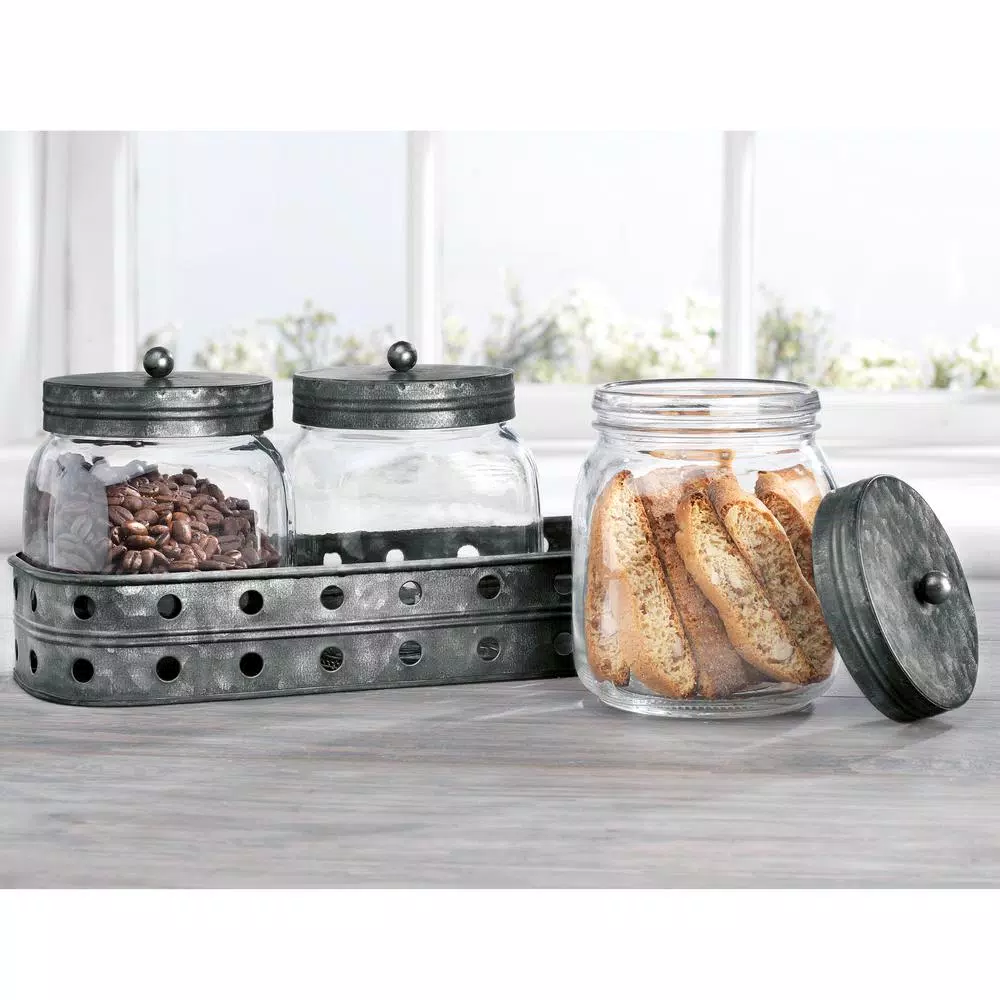 HOME ESSENTIALS AND BEYOND Glass Canisters With Galvanized Tray Set of 3, Clear Glass Kitchen Storage Jars