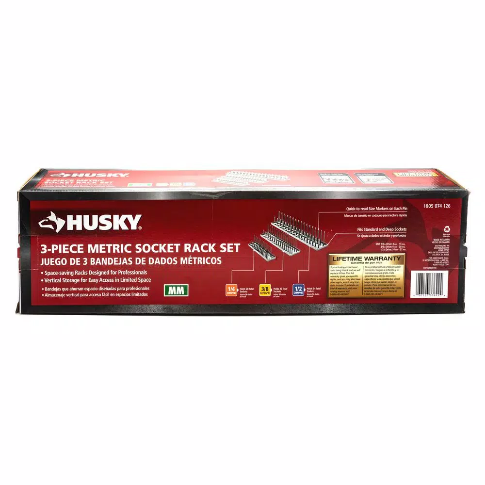 Husky 3-Piece Metric Socket Rack Set for 1/4 in., 3/8 in., and 1/2 in. Drives