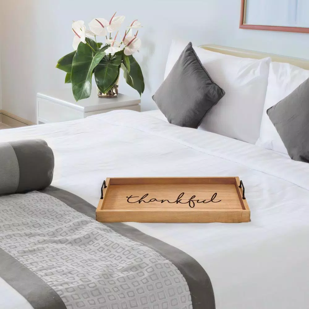 Elegant Designs Natural Wood Decorative Serving Tray with Black Metal Handles - Thankful Farmhouse Style