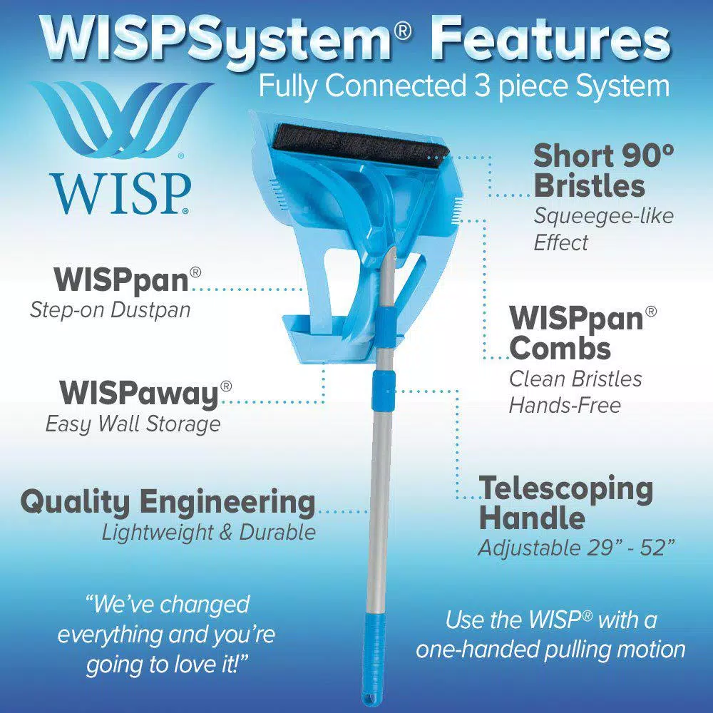 WISP 3-Piece Broom and Dustpan Set with Telescoping Handle and Bristle Seal Technology - Blue