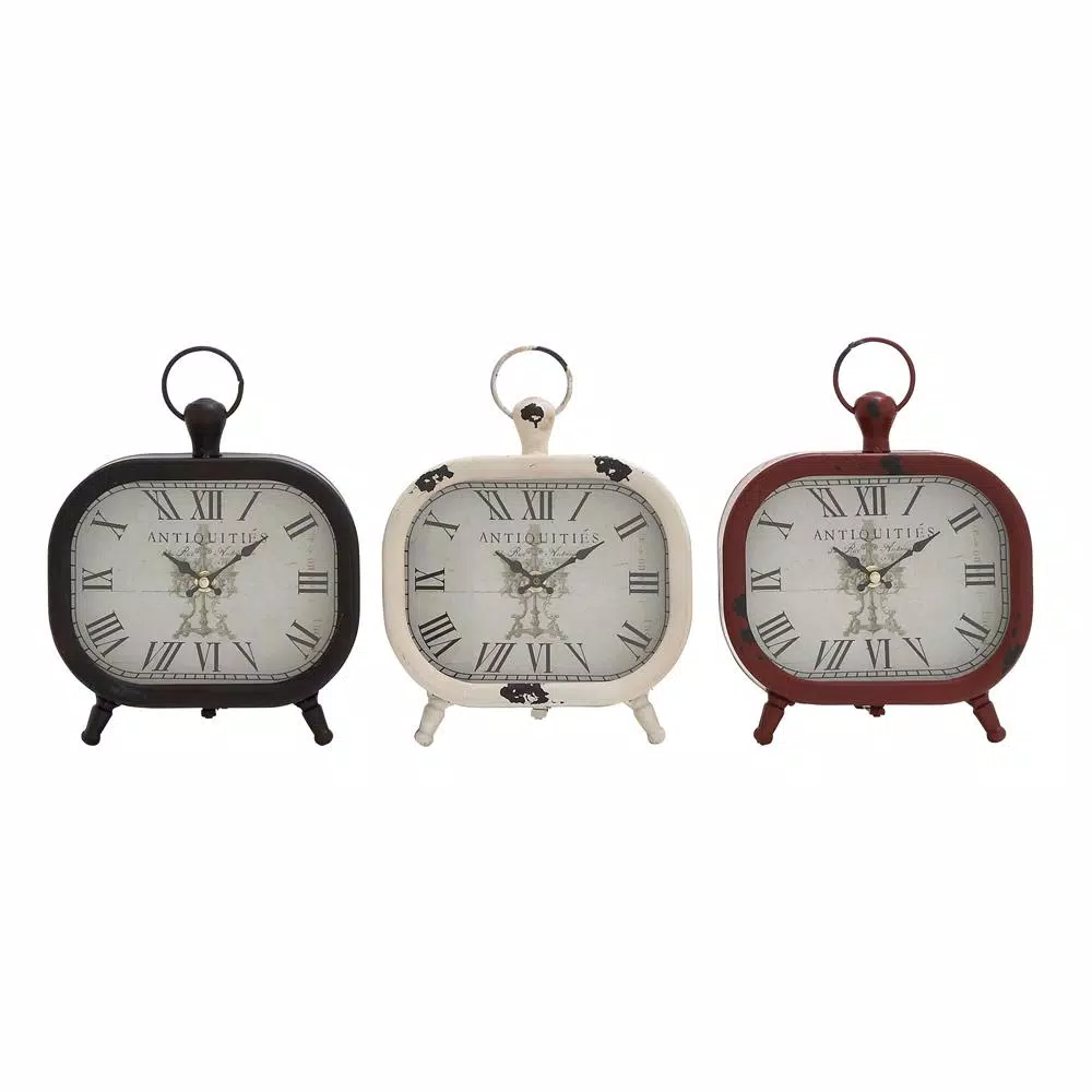 LITTON LANE Set of 3 Vintage Farmhouse Rounded Rectangle Iron Table Clocks - Distressed Red, Black, and White