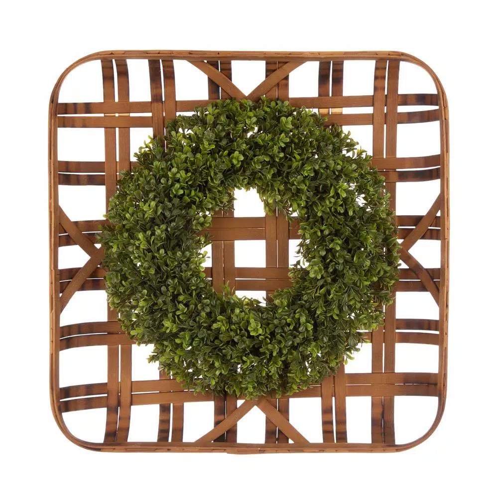 Glitzhome 18 in. Boxwood Wreath with 24 in. Bamboo Tobacco Basket Decor Set