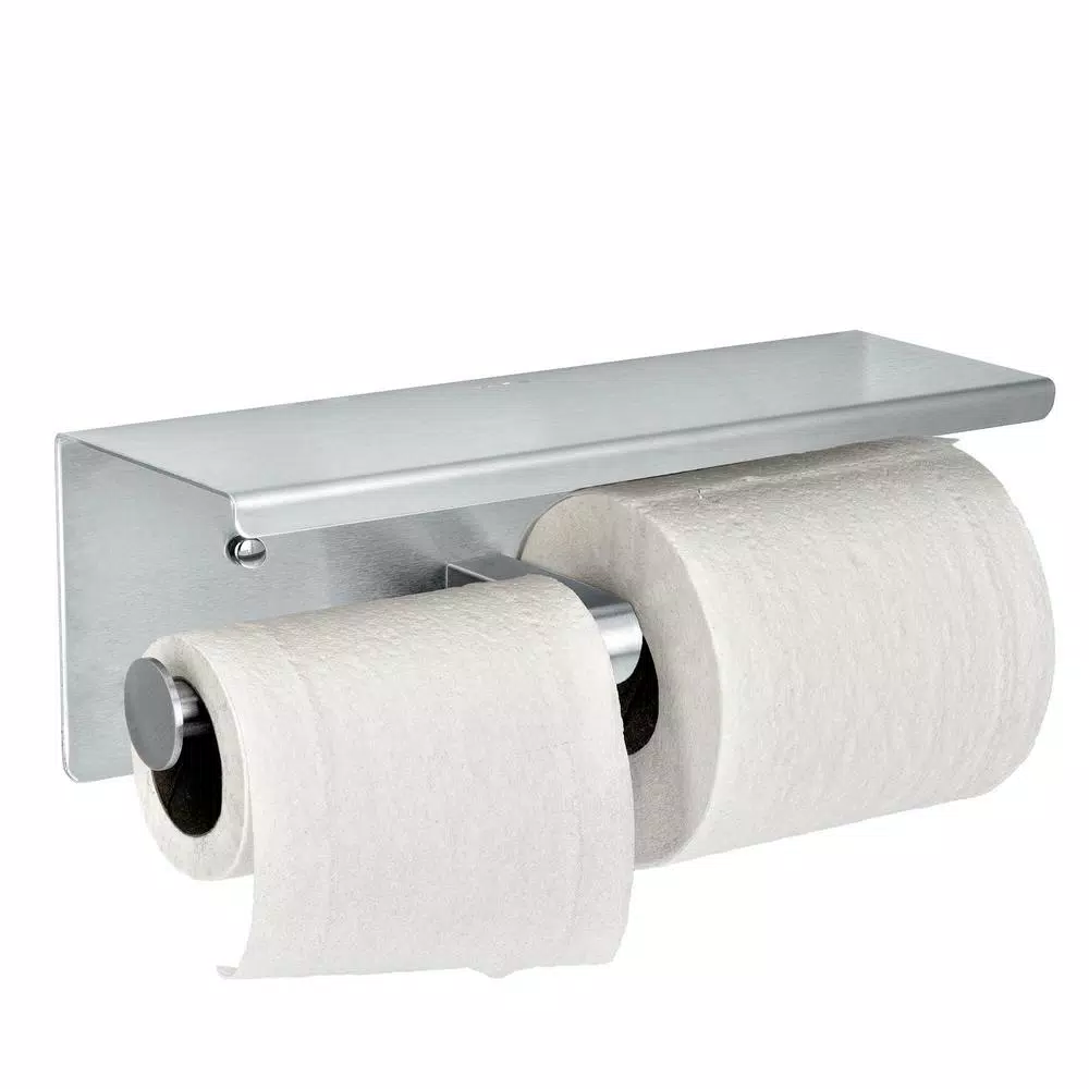 Alpine Industries Double Post Toilet Paper Holder with Storage Shelf, Brushed Stainless Steel
