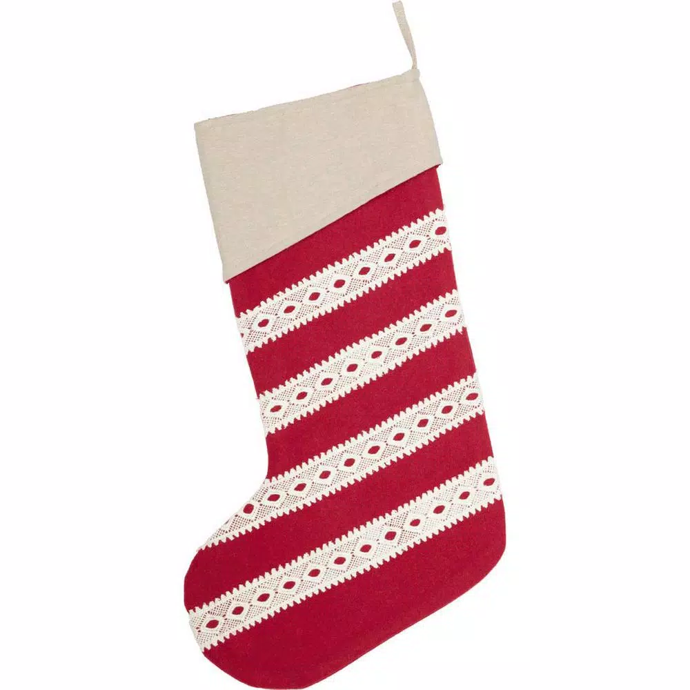 VHC Brands 20 in. Red Margot Farmhouse Christmas Stocking with Diamond Cut Lace