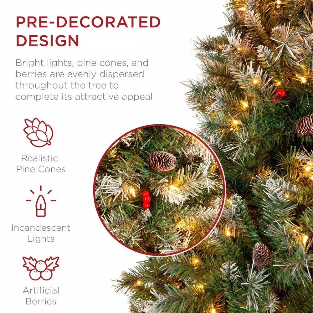 Best Choice Products 9 ft. Pre-Lit Flocked Artificial Christmas Tree with 900 Warm White Lights & Pre-Decorated Berries and Pinecones