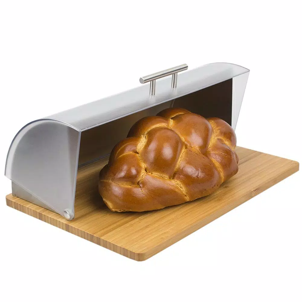 Unbranded Stainless Steel Bread Box with Wood Base and Acrylic Lid, Natural Grey