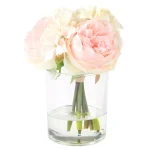 Pure Garden 7.5 in. Pink and Cream Hydrangea and Rose Floral Arrangement in Glass Vase thumbnail 1