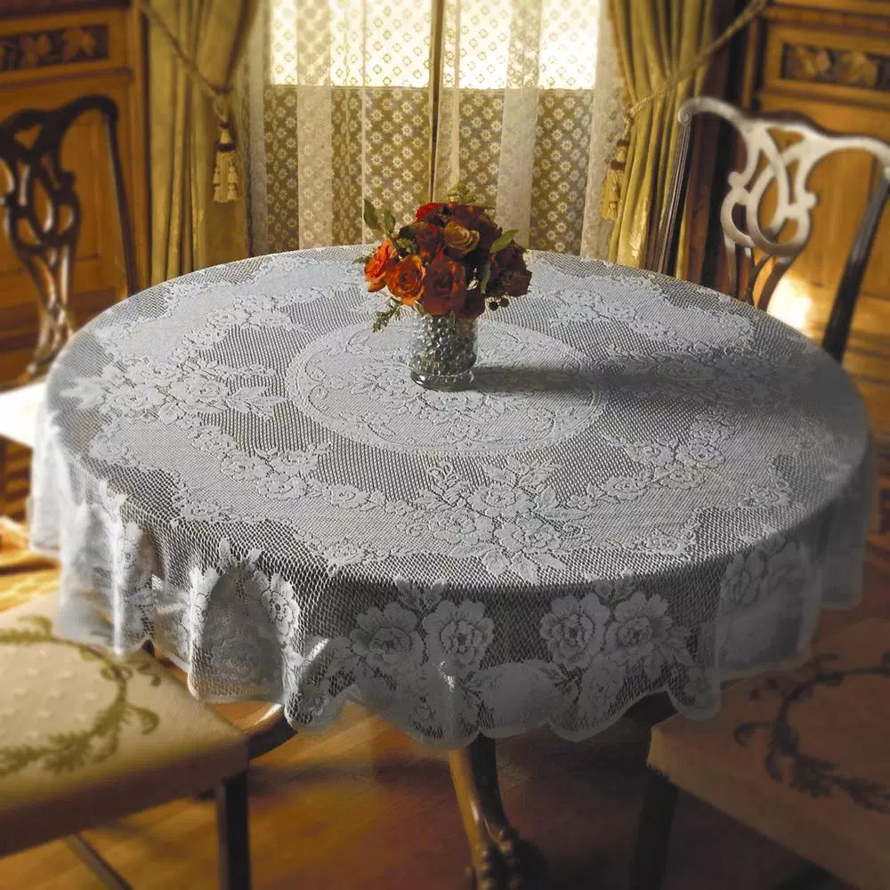 Heritage Lace Victorian Rose White Floral Polyester Round Tablecloth