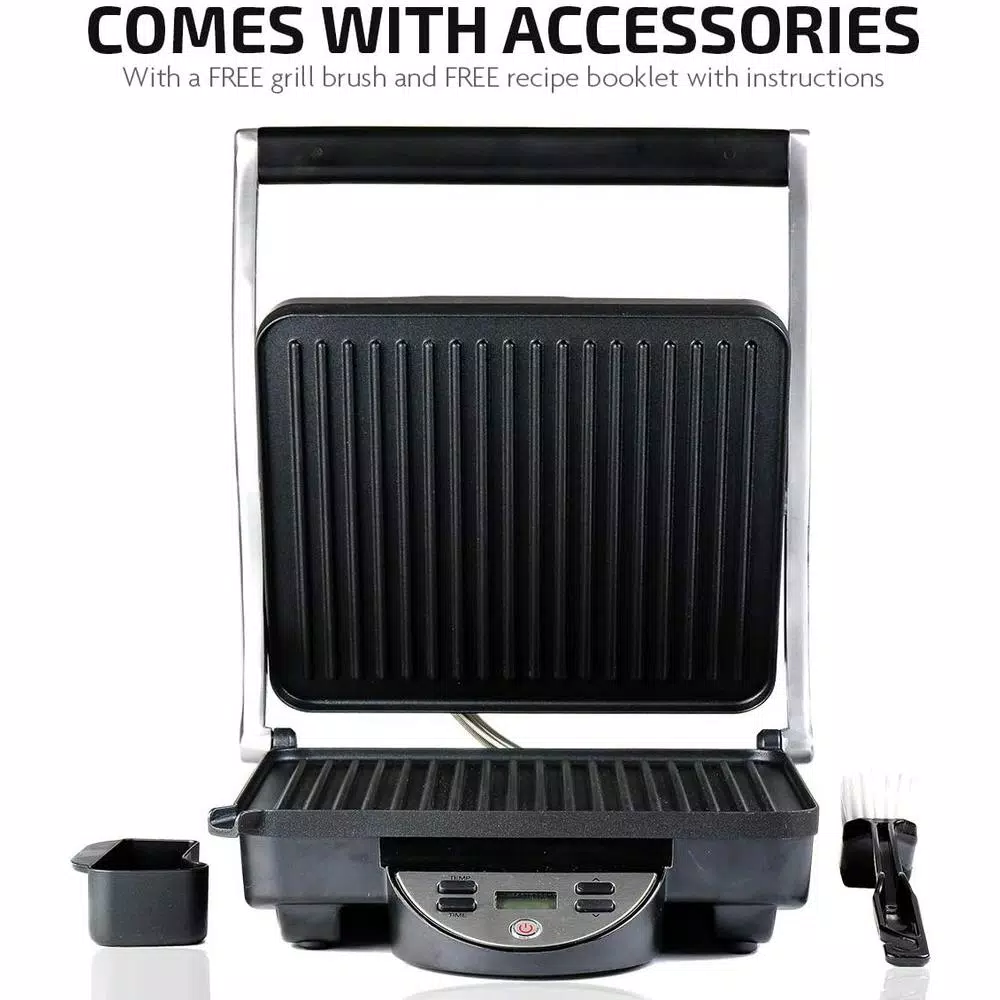 Ovente GP1000BR 1500W Brushed Nickel Non-Stick 4-Slice Panini Press & Gourmet Sandwich Maker
