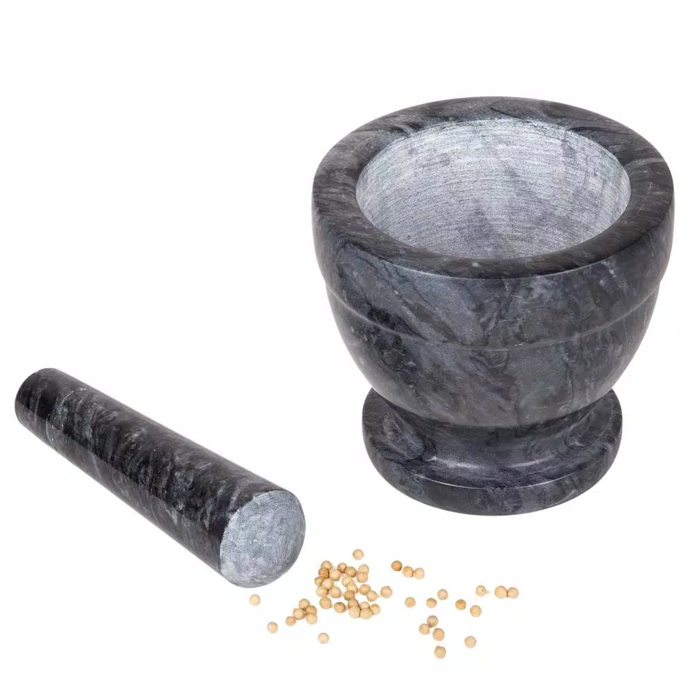 Creative Home Natural Black Marble Mortar and Pestle Set, 5-1/4 in. Stone Grinder for Spices and Herbs